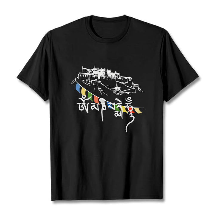 Buddha Stones Potala Palace Om Mani Padme Hum Prayer Flags Cotton Tee T-shirt - Black - 2XL - image 4
