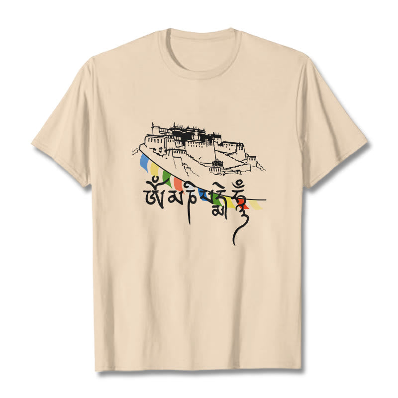 Buddha Stones Potala Palace Om Mani Padme Hum Prayer Flags Cotton Tee T-shirt - Bisque - 2XL - image 9