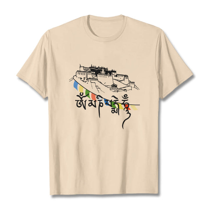 Buddha Stones Potala Palace Om Mani Padme Hum Prayer Flags Cotton Tee T-shirt - Bisque - 2XL - image 9