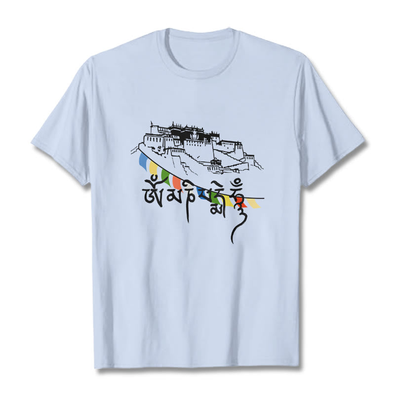 Buddha Stones Potala Palace Om Mani Padme Hum Prayer Flags Cotton Tee T-shirt - LightCyan - 2XL - image 8