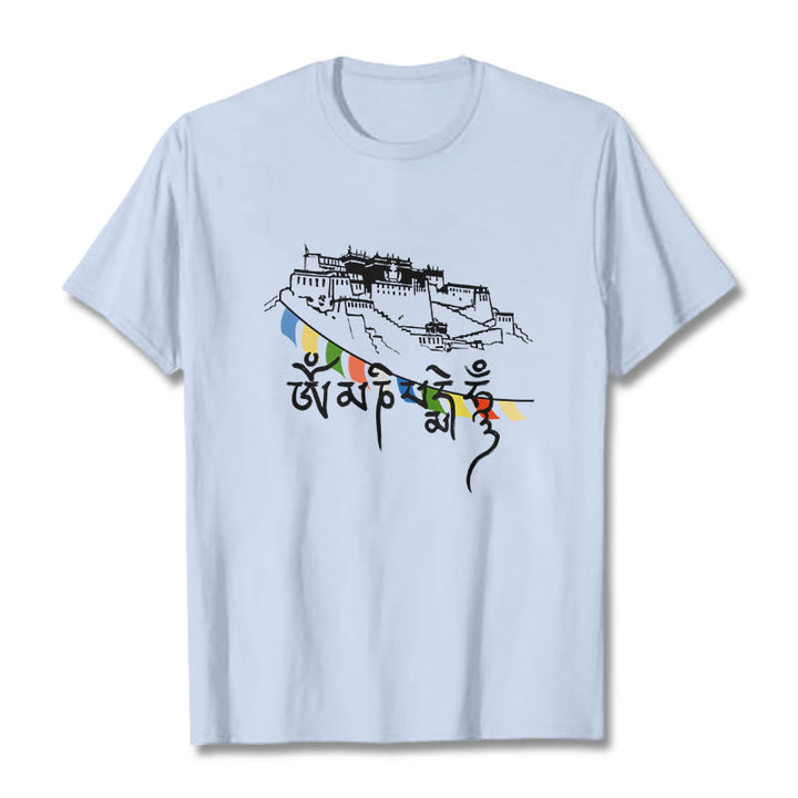 Buddha Stones Potala Palace Om Mani Padme Hum Prayer Flags Cotton Tee T-shirt - LightCyan - 2XL - image 8
