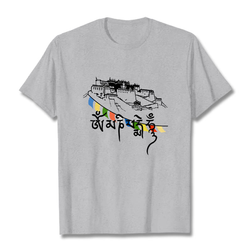 Buddha Stones Potala Palace Om Mani Padme Hum Prayer Flags Cotton Tee T-shirt - LightGrey - 2XL - image 0