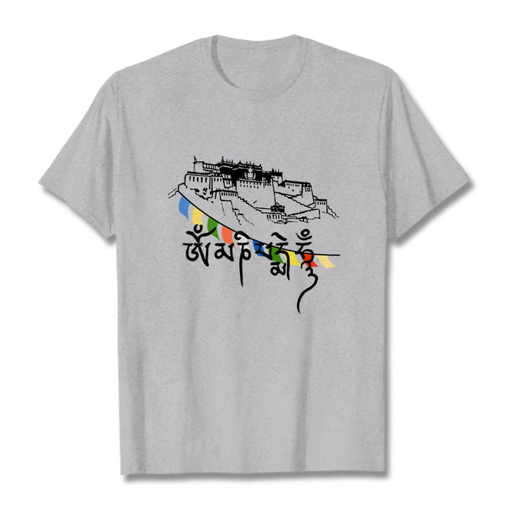 Buddha Stones Potala Palace Om Mani Padme Hum Prayer Flags Cotton Tee T-shirt - LightGrey - 2XL - image 0