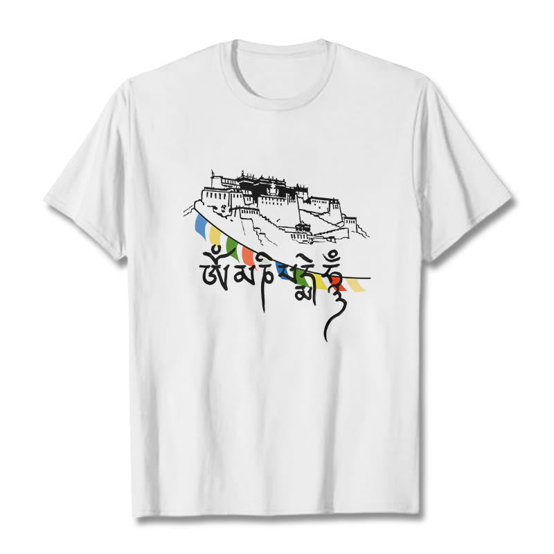 Buddha Stones Potala Palace Om Mani Padme Hum Prayer Flags Cotton Tee T-shirt - White - 2XL - image 11