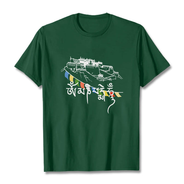 Buddha Stones Potala Palace Om Mani Padme Hum Prayer Flags Cotton Tee T-shirt - ForestGreen - 2XL - image 2