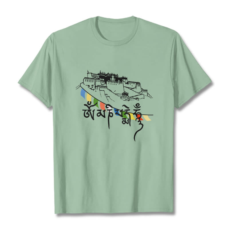 Buddha Stones Potala Palace Om Mani Padme Hum Prayer Flags Cotton Tee T-shirt - PaleGreen - 2XL - image 14