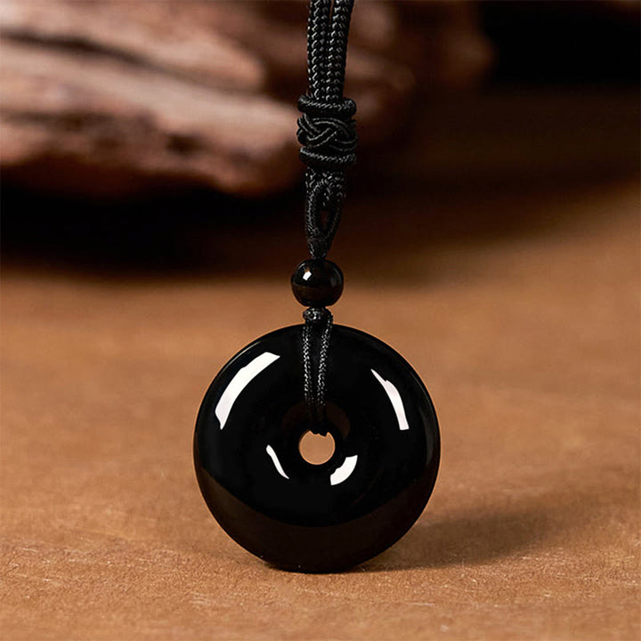 Buddha Stones Natural Black Obsidian Peace Buckle Strength Rope Necklace Pendant - image 2