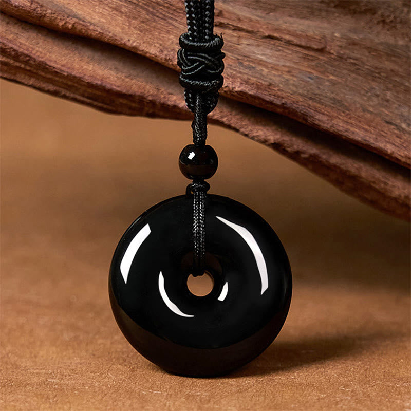 Buddha Stones Natural Black Obsidian Peace Buckle Strength Rope Necklace Pendant - image 1