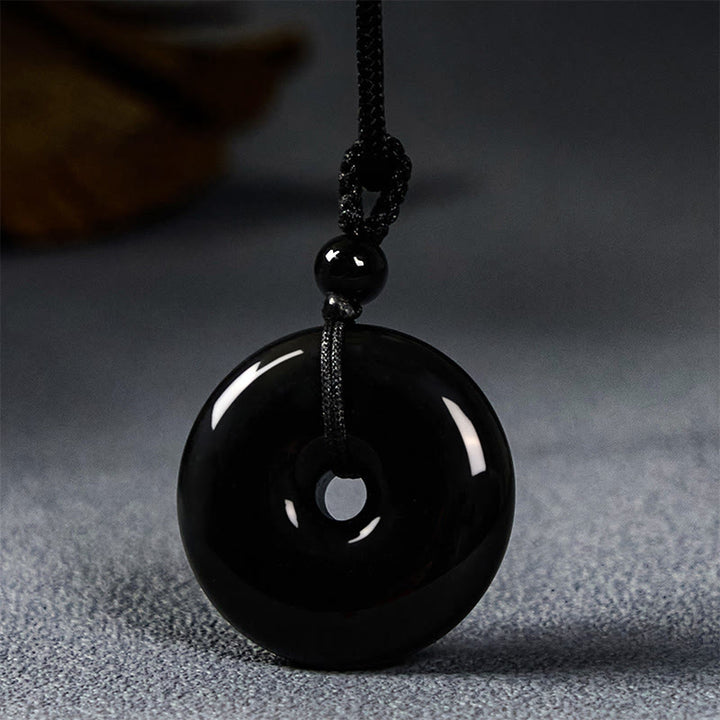 Buddha Stones Natural Black Obsidian Peace Buckle Strength Rope Necklace Pendant - image 6