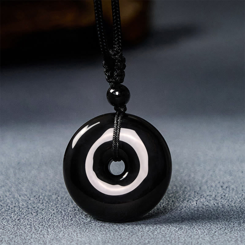 Buddha Stones Natural Black Obsidian Peace Buckle Strength Rope Necklace Pendant - image 7