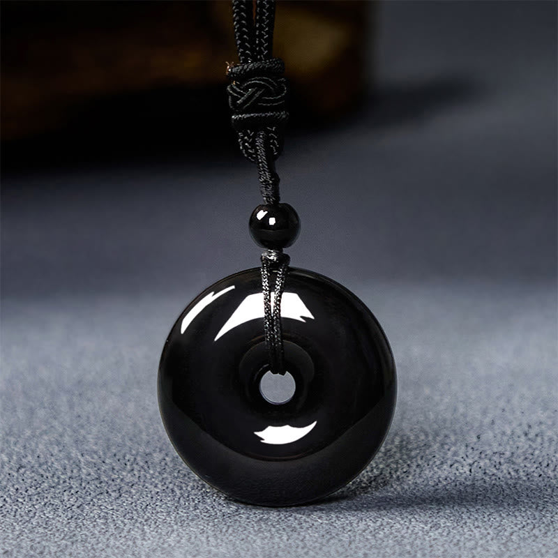 Buddha Stones Natural Black Obsidian Peace Buckle Strength Rope Necklace Pendant - Black Obsidian&Simple Rope - image 0