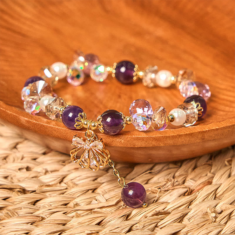 Buddha Stones Natural Amethyst Citrine Pearl Shell Peace Bracelet - image 1