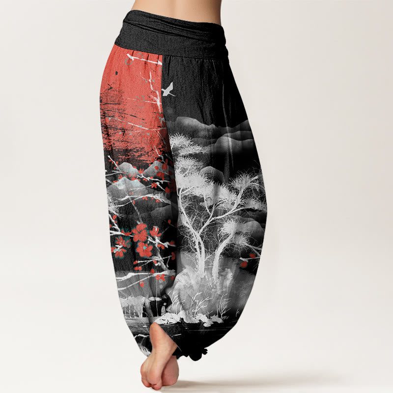 Buddha Stones Cotton Casual Red Plum Blossom Mountains Sun Pattern Women's Elastic Waist Harem Pants - image 5