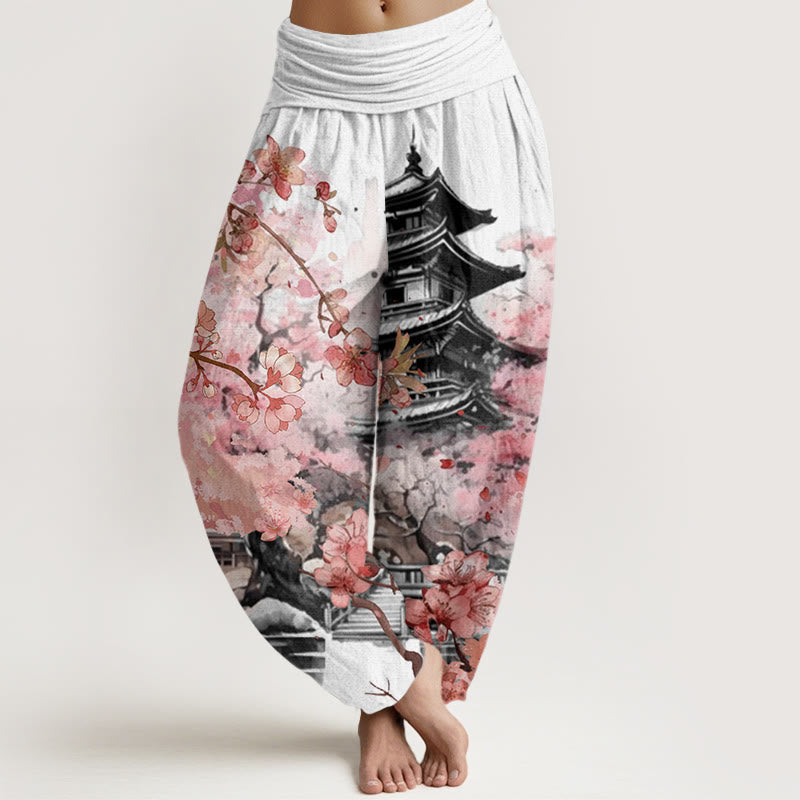 Buddha Stones Cotton Pavilion Cherry Blossom Pattern Women's Elastic Waist Harem Pants - Snow - US22，UK/AU26，EU54 (6XL) - image 4