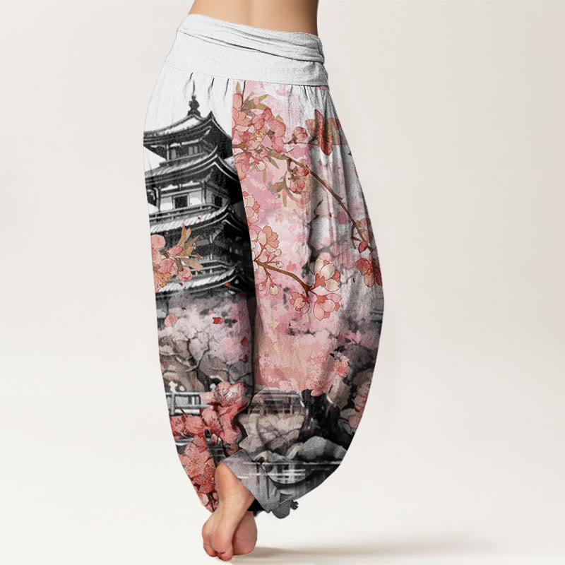 Buddha Stones Cotton Pavilion Cherry Blossom Pattern Women's Elastic Waist Harem Pants - image 5