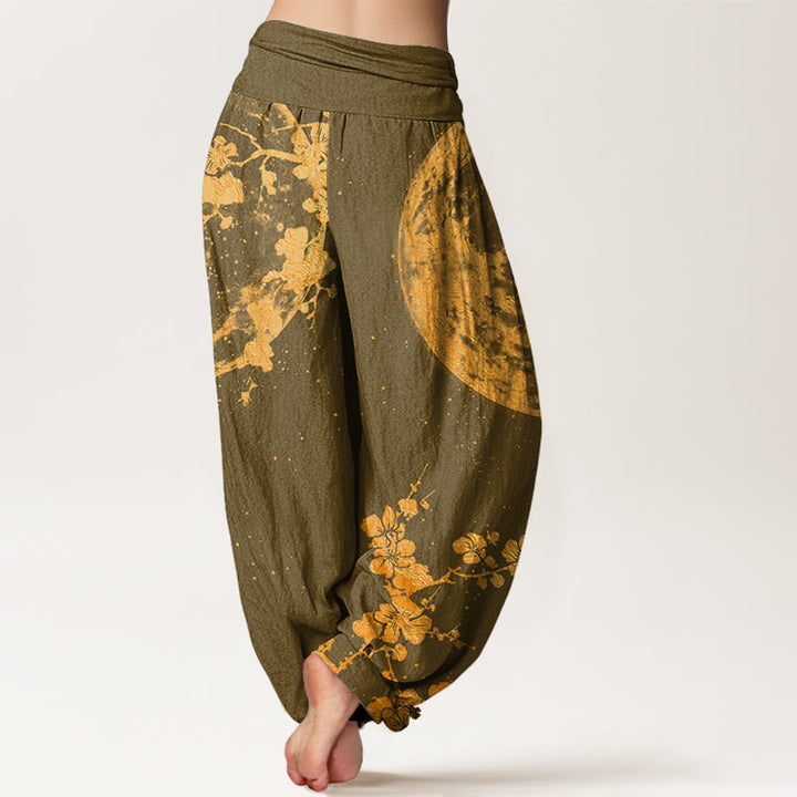 Buddha Stones Cotton Golden Plum Blossom Full Moon Pattern Women's Elastic Waist Harem Pants - image 5