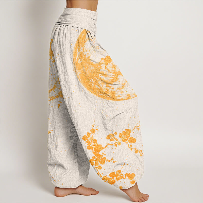 Buddha Stones Cotton Golden Plum Blossom Full Moon Pattern Women's Elastic Waist Harem Pants - image 9
