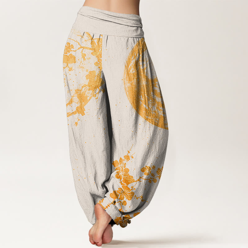 Buddha Stones Cotton Golden Plum Blossom Full Moon Pattern Women's Elastic Waist Harem Pants - image 8