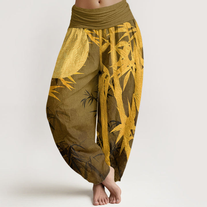 Buddha Stones Cotton Bamboo Leaves Full Moon Pattern Women's Elastic Waist Harem Pants - DarkKhaki - US22，UK/AU26，EU54 (6XL) - image 4