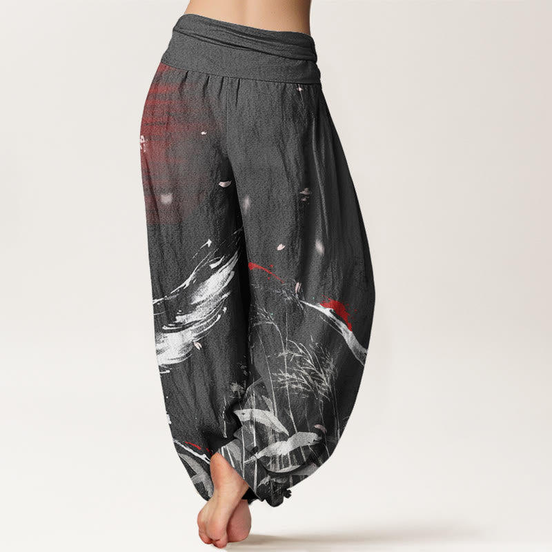 Buddha Stones Cotton Casual Red-crowned Reed Sun Crane Pattern Women's Elastic Waist Harem Pants - image 5