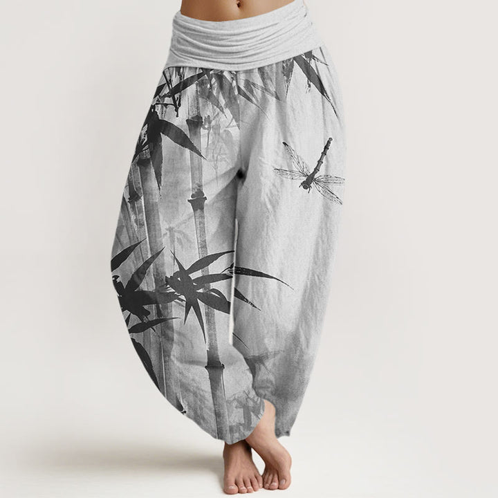 Buddha Stones Cotton Casual Bamboo Leaves Dragonfly Pattern Women's Elastic Waist Harem Pants - Silver - US22，UK/AU26，EU54 (6XL) - image 4