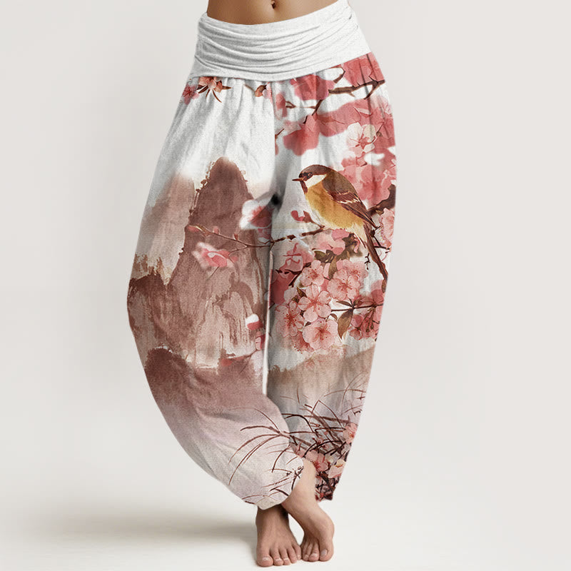 Buddha Stones Cotton Bird Cherry Blossom Mountains Pattern Women's Elastic Waist Harem Pants - LightCoral - US22，UK/AU26，EU54 (6XL) - image 7