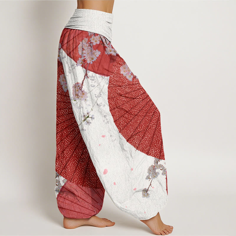 Buddha Stones Cotton Casual Red Oil-paper Umbrella Cherry Blossom Pattern Women's Elastic Waist Harem Pants - image 6