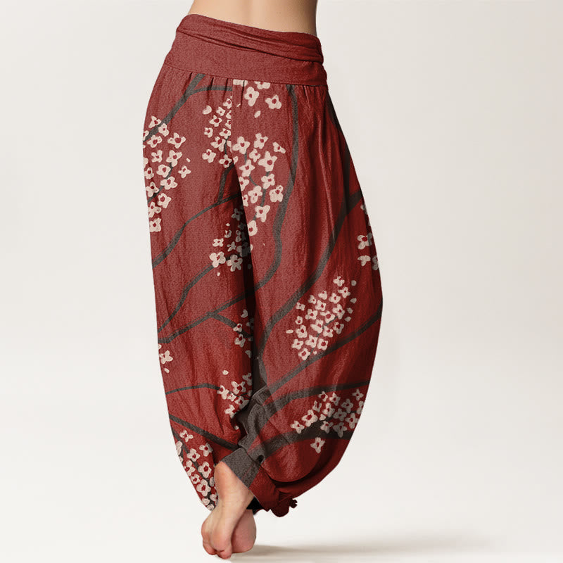 Buddha Stones Cotton Casual Plum Blossom Branch Pattern Women's Elastic Waist Harem Pants - image 1