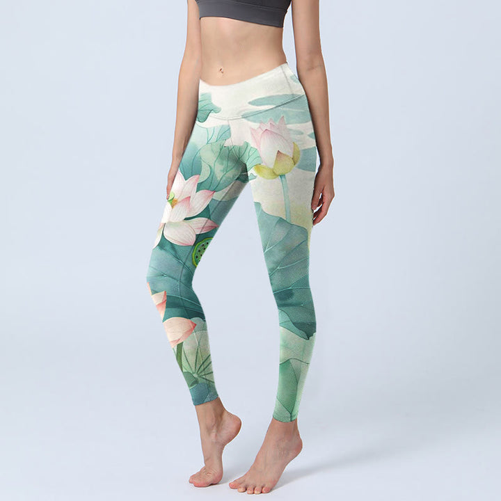 Buddha Stones Lotus Flowers Leaves Lotus Pods Pattern Print Gym Leggings Women's Yoga Pants - MintCream - US18，UK/AU22，EU50 (4XL) - image 0