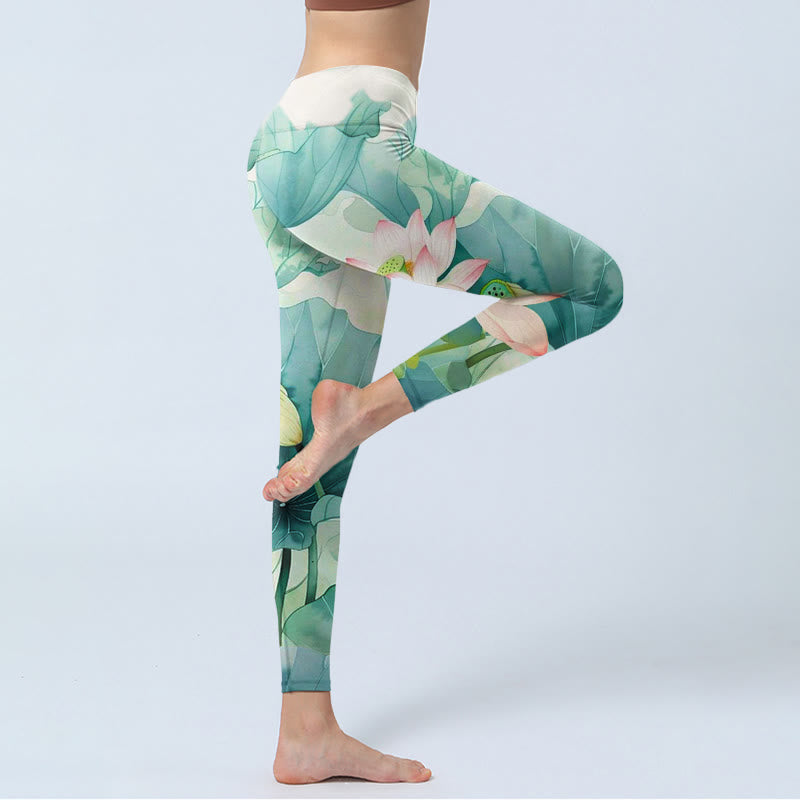 Buddha Stones Lotus Flowers Leaves Lotus Pods Pattern Print Gym Leggings Women's Yoga Pants - image 4