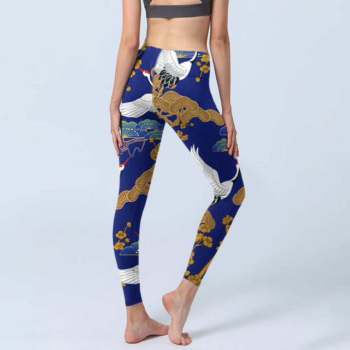 Buddha Stones Flying Red-Crowned Crane Pine Tree Flower Pattern Print Gym Leggings Women's Yoga Pants - image 4