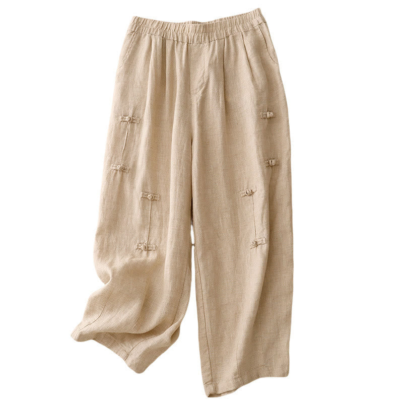 Buddha Stones Casual Plain Frog-Button Design 7-8 Length Cotton Linen Women's Harem Pants With Pockets - image 16
