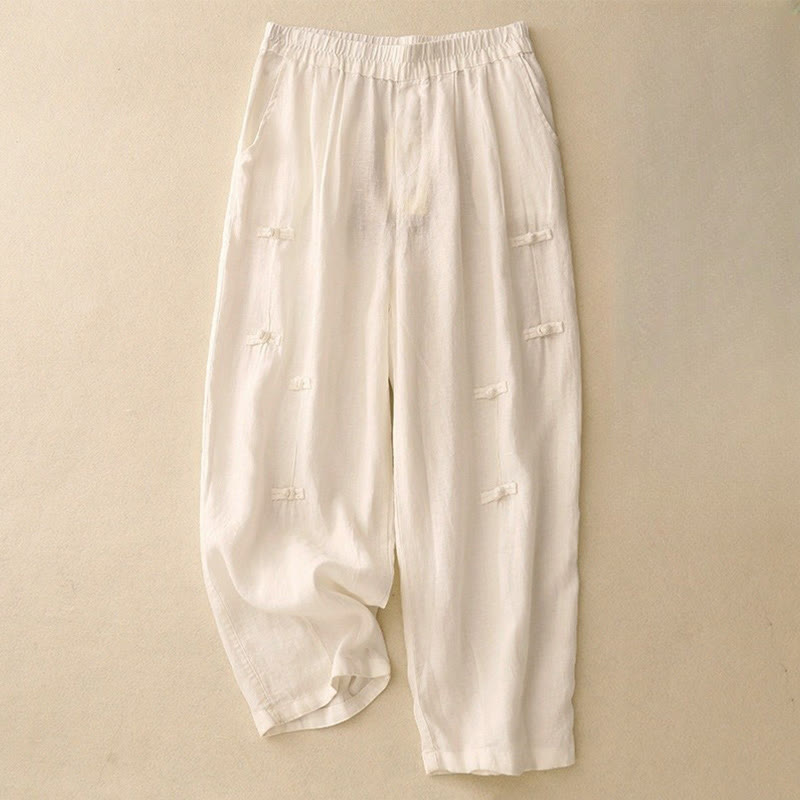 Buddha Stones Casual Plain Frog-Button Design 7-8 Length Cotton Linen Women's Harem Pants With Pockets - OldLace - US8-10，UK/AU12-14，EU40-42 (2XL) - image 3