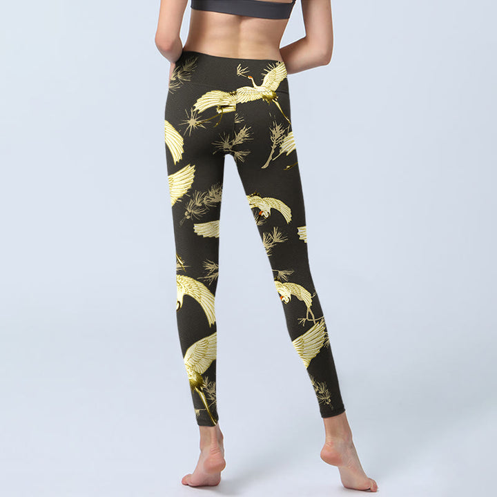 Buddha Stones Flying Red-crowned Crane Branch Pine Needles Pattern Print Gym Leggings Women's Yoga Pants - image 6