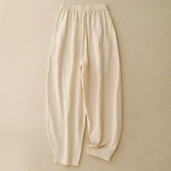 Buddha Stones Daily Plain Elastic Waistband Cotton Linen Women's Pants With Pockets - LemonChiffon - US8-10，UK/AU12-14，EU40-42 (2XL) - image 8