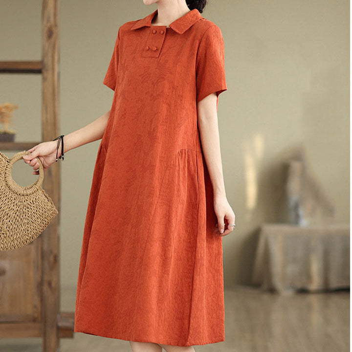 Buddha Stones Plain Jacquard Design Short Sleeve Cotton Linen Midi Dress With Pockets - image 2
