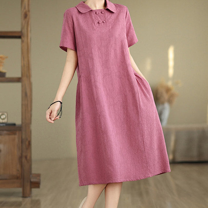Buddha Stones Plain Jacquard Design Short Sleeve Cotton Linen Midi Dress With Pockets - image 28