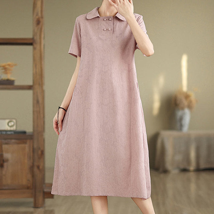 Buddha Stones Plain Jacquard Design Short Sleeve Cotton Linen Midi Dress With Pockets - image 24