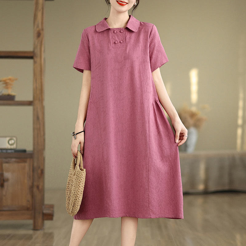 Buddha Stones Plain Jacquard Design Short Sleeve Cotton Linen Midi Dress With Pockets - image 30