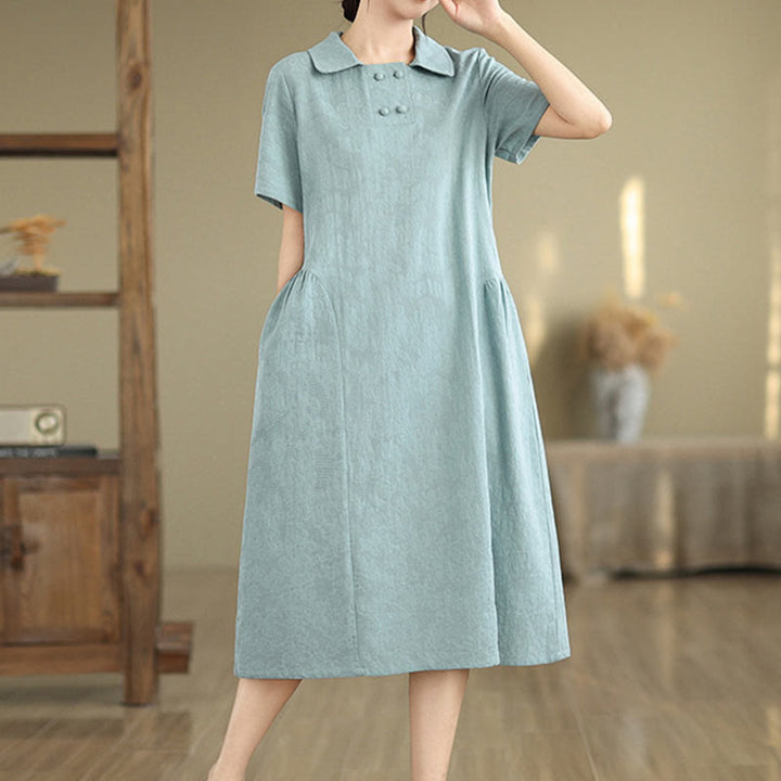 Buddha Stones Plain Jacquard Design Short Sleeve Cotton Linen Midi Dress With Pockets - image 17