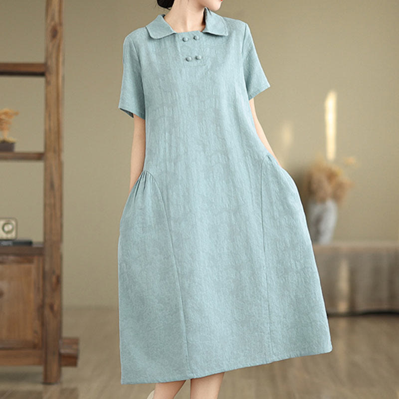Buddha Stones Plain Jacquard Design Short Sleeve Cotton Linen Midi Dress With Pockets - image 19