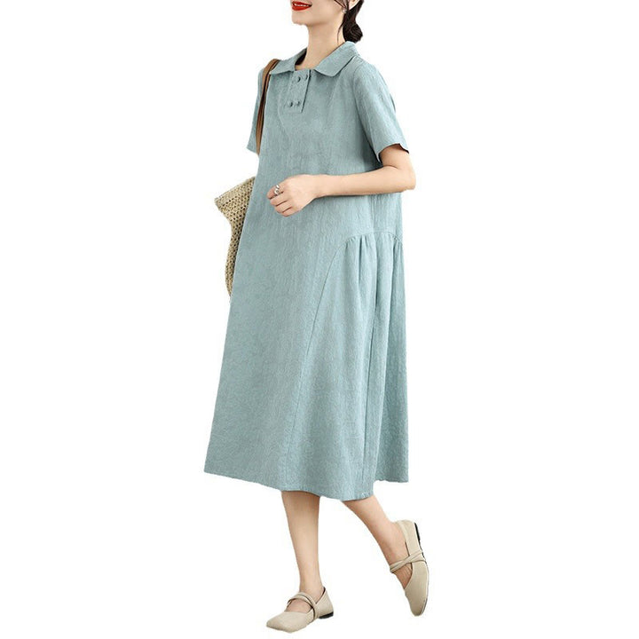 Buddha Stones Plain Jacquard Design Short Sleeve Cotton Linen Midi Dress With Pockets - image 21