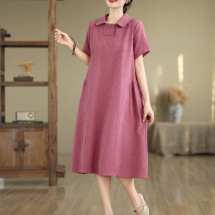 Buddha Stones Plain Jacquard Design Short Sleeve Cotton Linen Midi Dress With Pockets - image 29