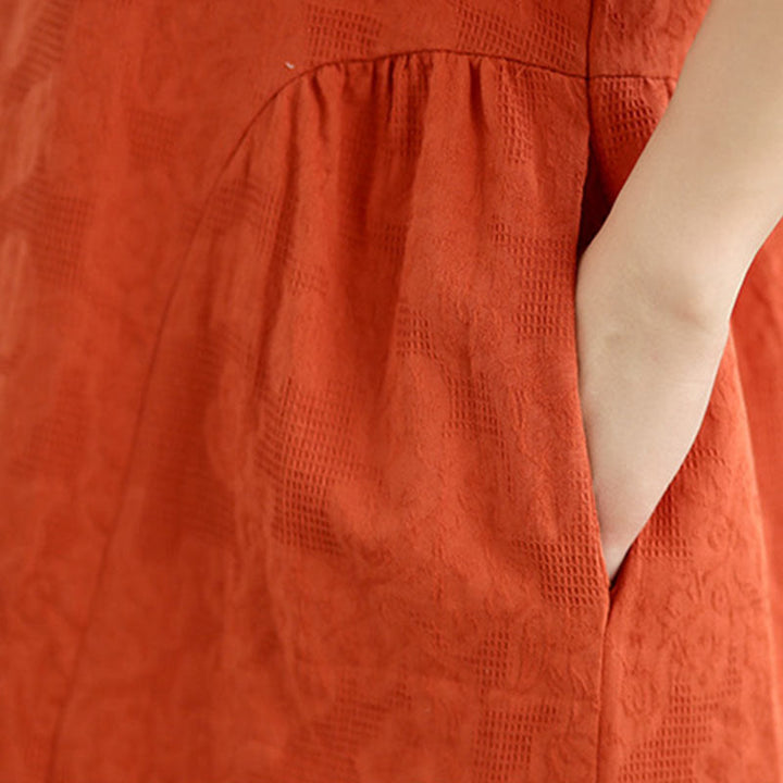 Buddha Stones Plain Jacquard Design Short Sleeve Cotton Linen Midi Dress With Pockets - image 9