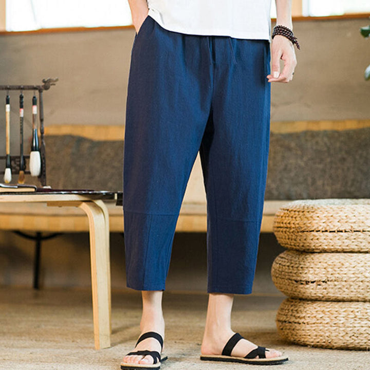 Buddha Stones Simple Design Drawstring Cotton Linen Men's Solid Color Harem Pants With Pockets - image 30