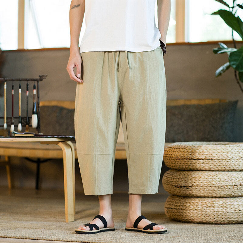 Buddha Stones Simple Design Drawstring Cotton Linen Men's Solid Color Harem Pants With Pockets - image 1