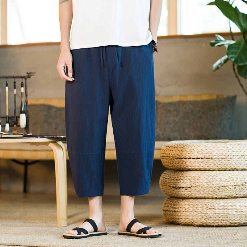 Buddha Stones Simple Design Drawstring Cotton Linen Men's Solid Color Harem Pants With Pockets - image 32