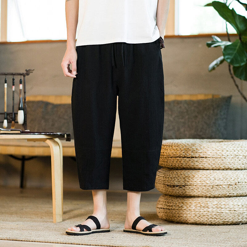 Buddha Stones Simple Design Drawstring Cotton Linen Men's Solid Color Harem Pants With Pockets - Black - US/UK/AU46，EU56 (5XL) - image 9