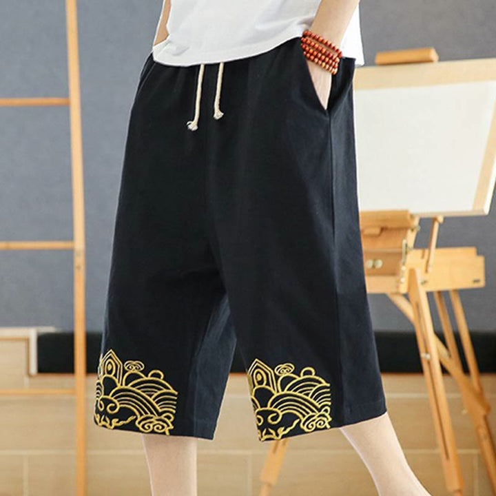 Buddha Stones Spring Casual Embroidery Drawstring Men's 7-8 Length Cotton Linen Harem Pants With Pockets - Black - US/UK/AU46，EU56 (5XL) - image 0