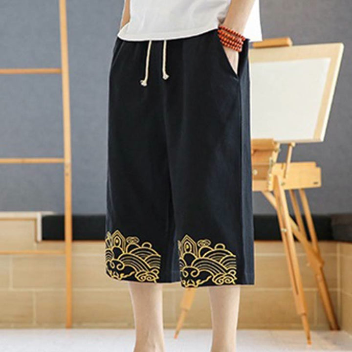 Buddha Stones Spring Casual Embroidery Drawstring Men's 7-8 Length Cotton Linen Harem Pants With Pockets - image 3